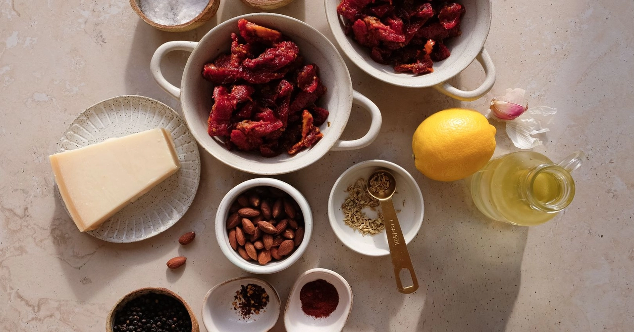 Ingredients to make sun-dried tomato pesto