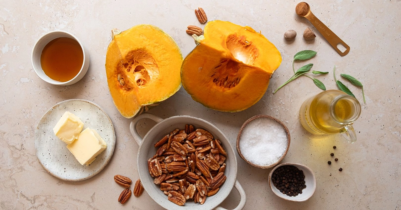 Ingredients to make maple roasted pumpkin with brown butter pecans
