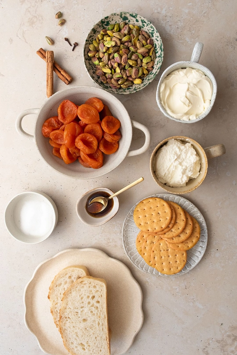 Ingredients to make Vanilla Poached Dried Apricots with Whipped Ricotta