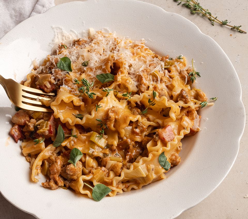 Pork Sausage Ragu Bianco with Mafaldine Pasta
