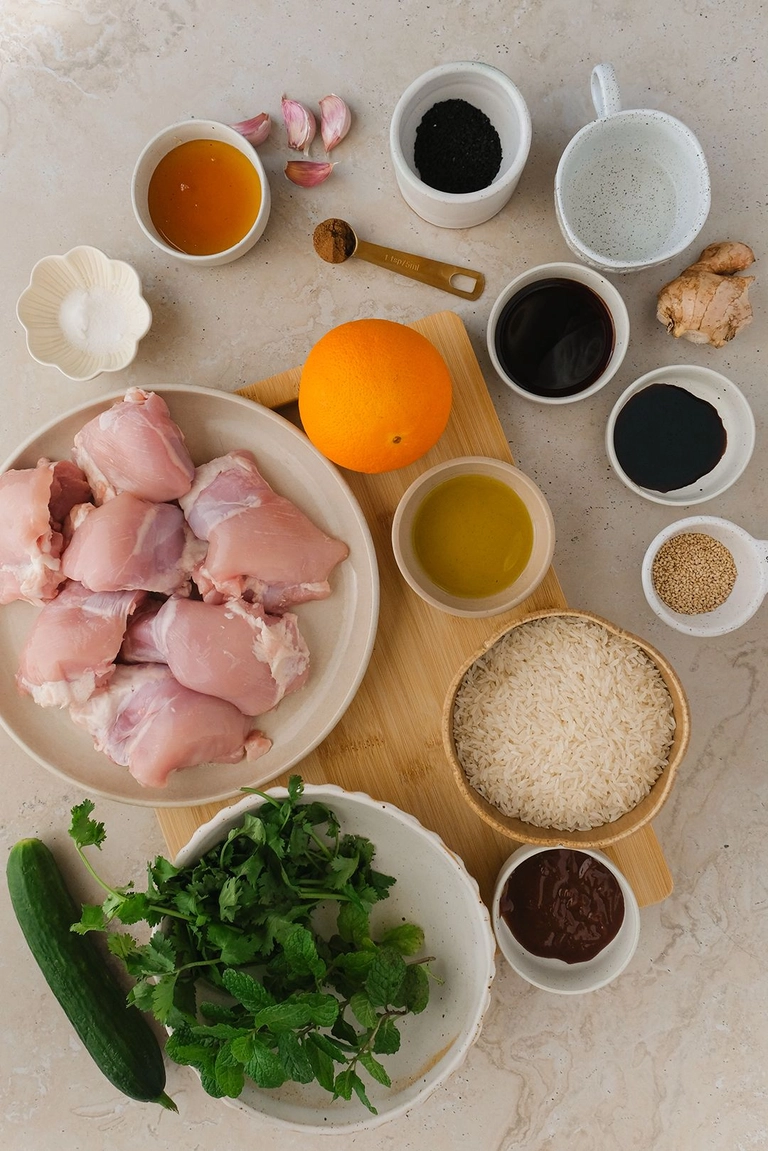 Ingredients to make Chinese Five Spice Chicken with Cucumber, Orange and Ginger Salad