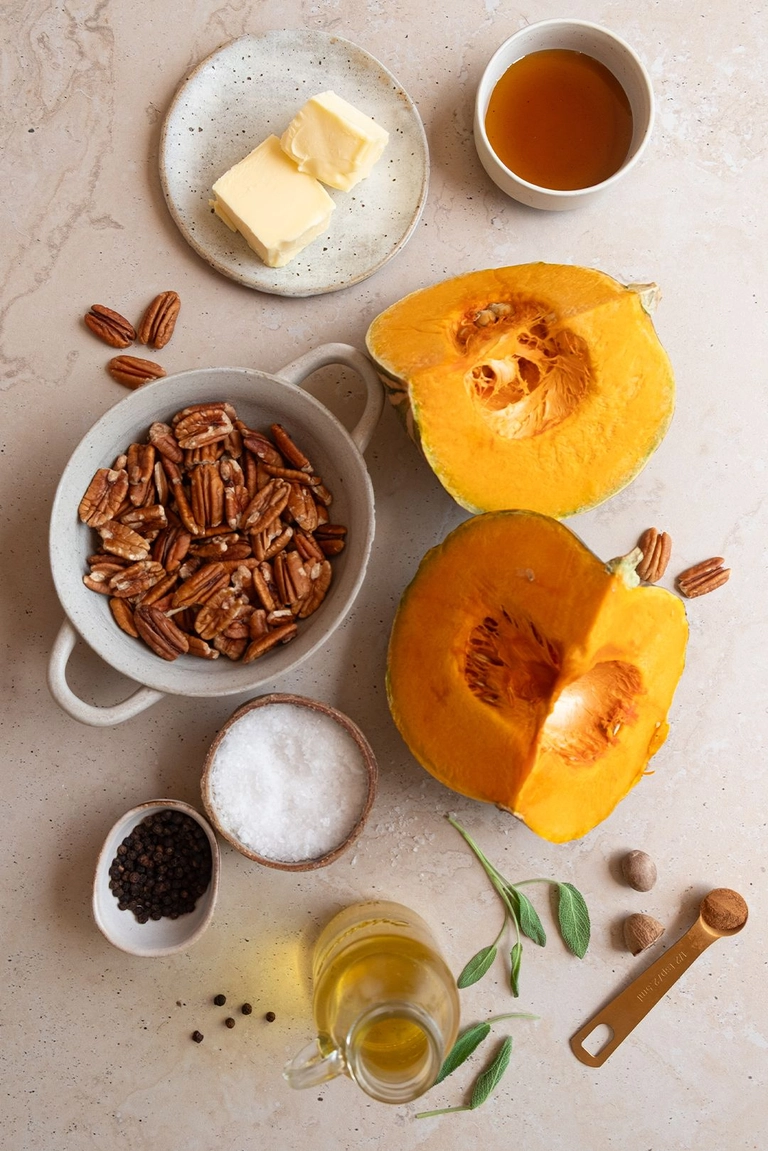 Ingredients to make maple roasted pumpkin with brown butter pecans