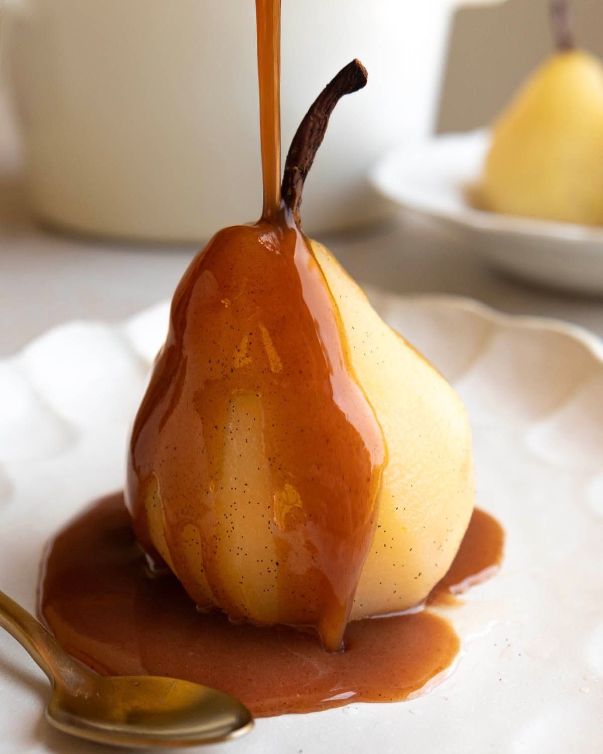 Vanilla Poached Pears with Gingerbread Caramel