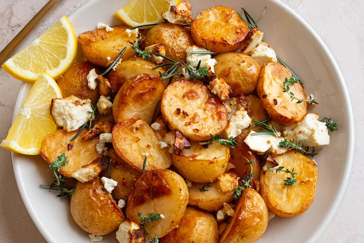 A plate of lemon feta roasted potatoes