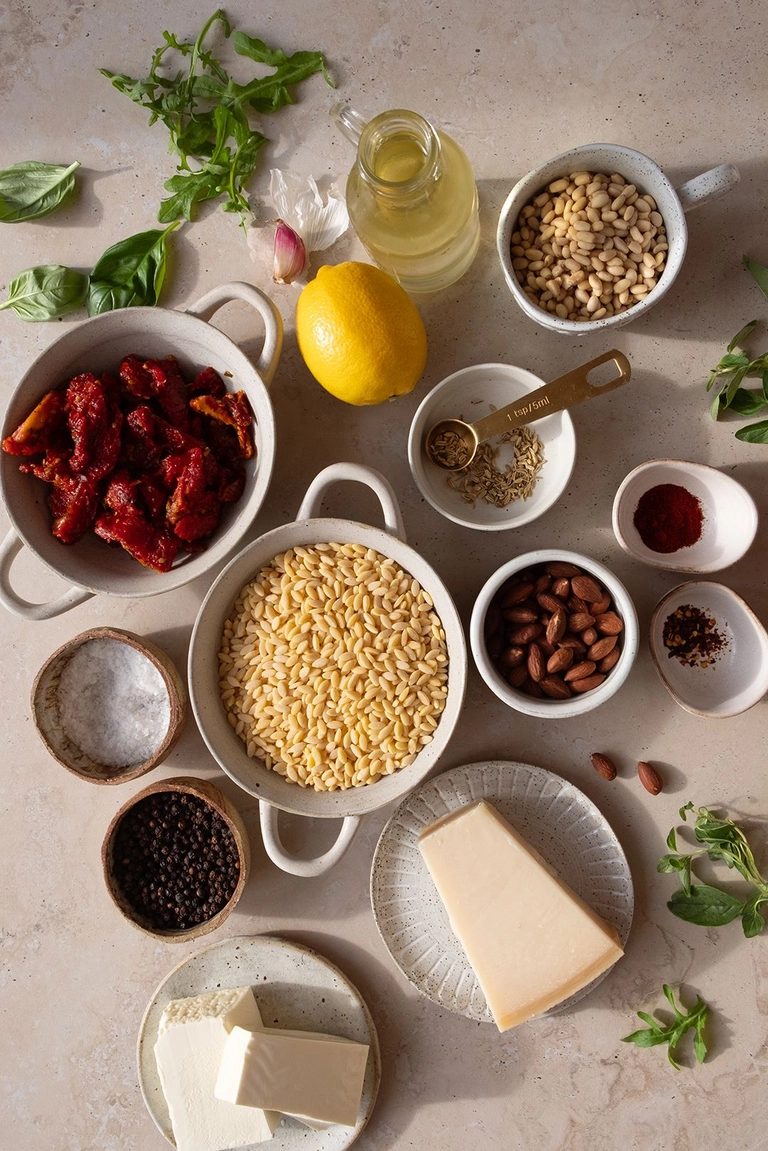 Ingredients to make sun dried tomato pesto pasta salad