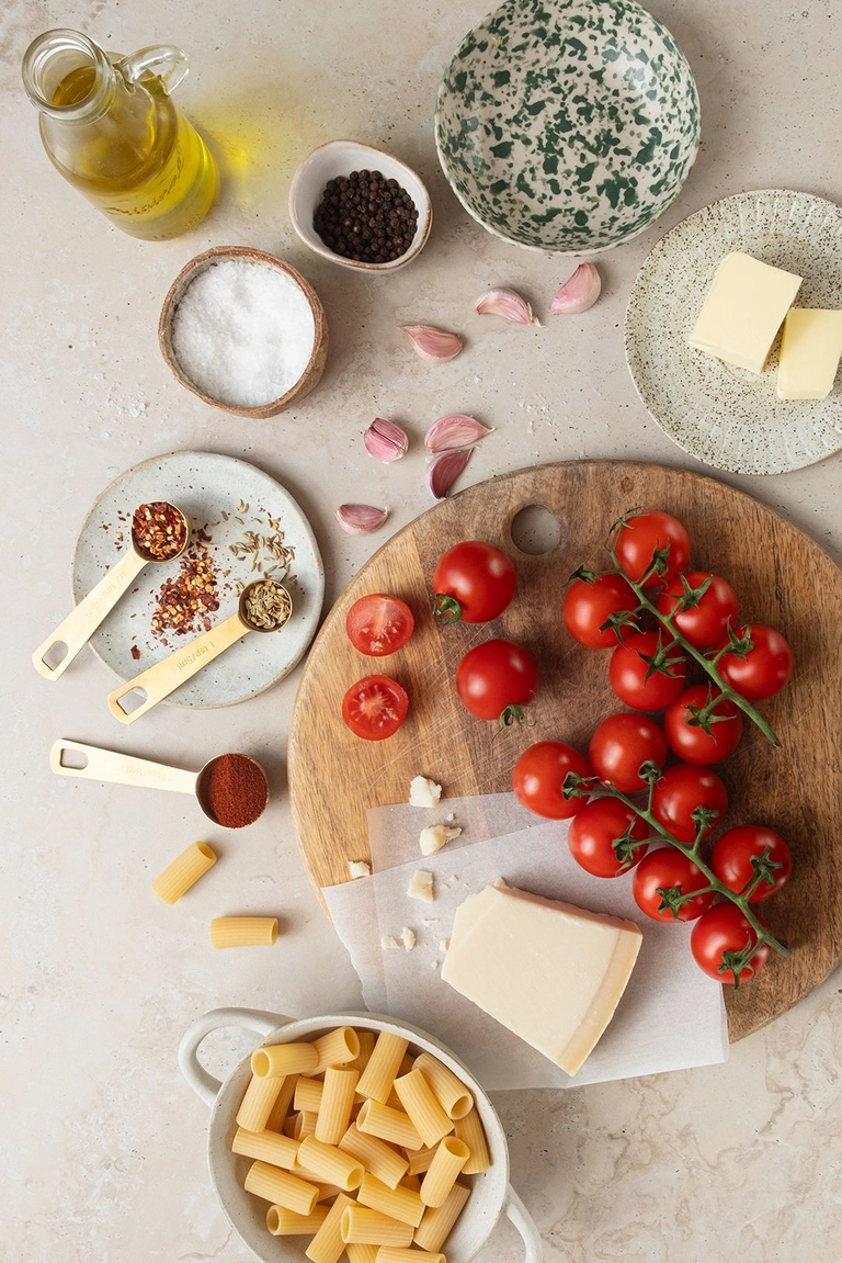 Ingredients to make roasted tomato rigatoni arrabbiata