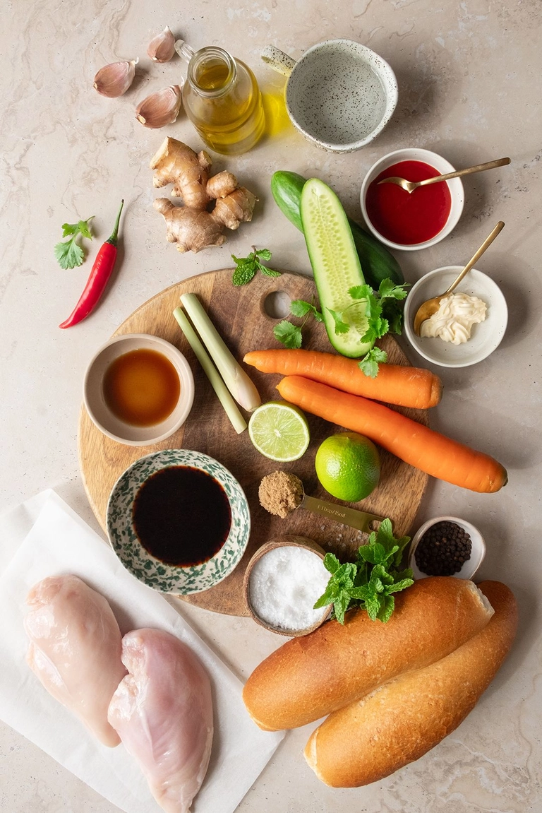 Ingredients to make lemongrass chicken banh mi