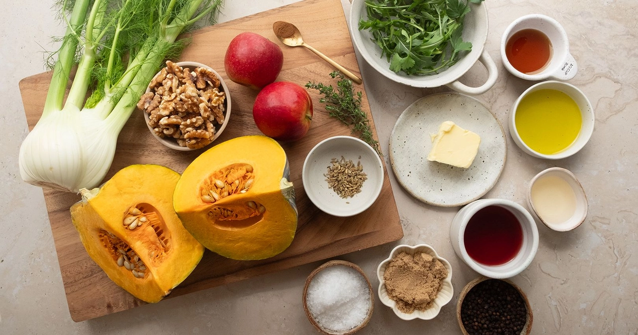 Ingredients to make Roast Pumpkin Apple and Fennel Salad with Agrodolce