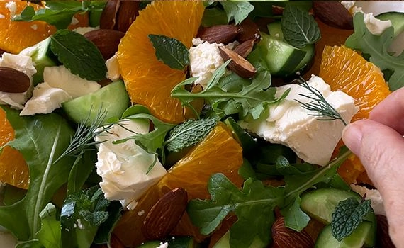 Adding dill to the orange feta and almond salad