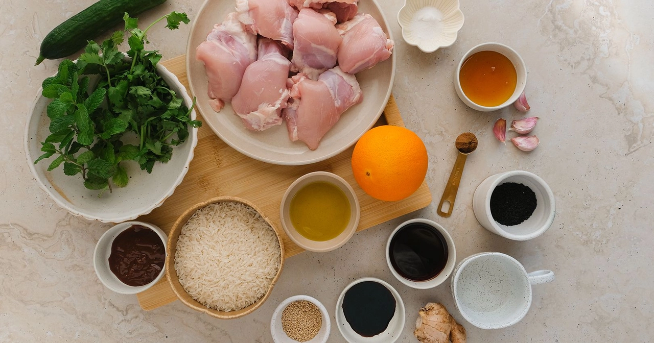Ingredients to make Chinese Five Spice Chicken with Cucumber, Orange and Ginger Salad