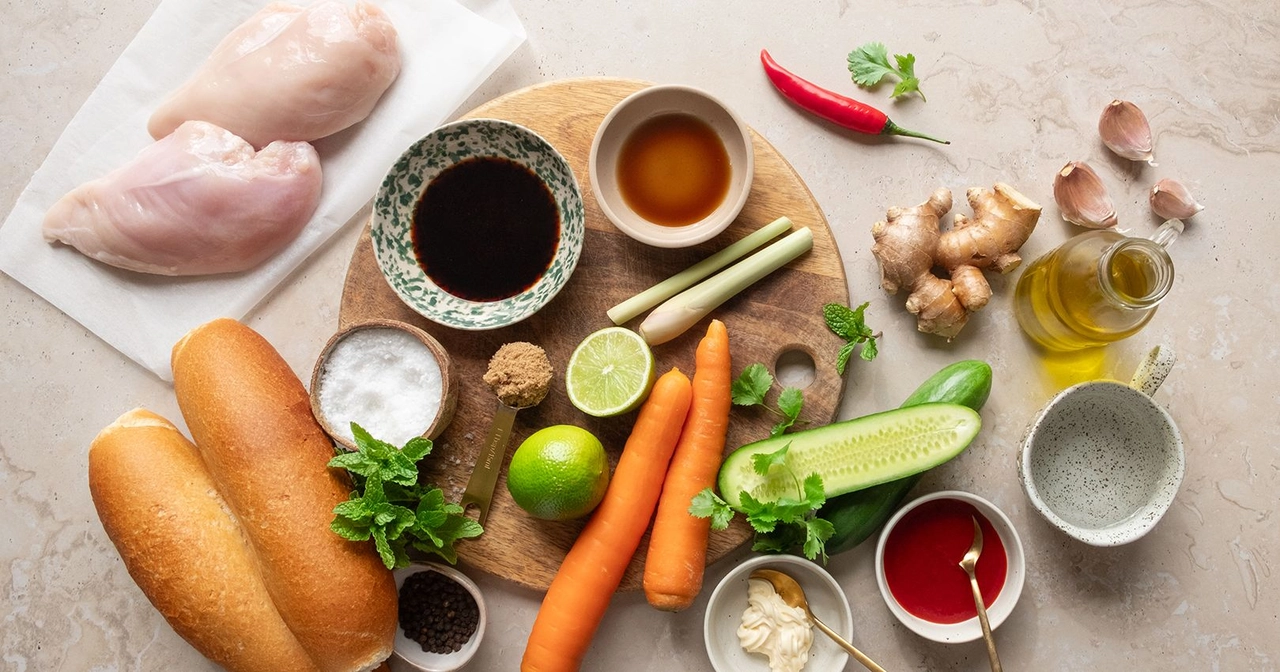 Ingredients to make lemongrass chicken banh mi