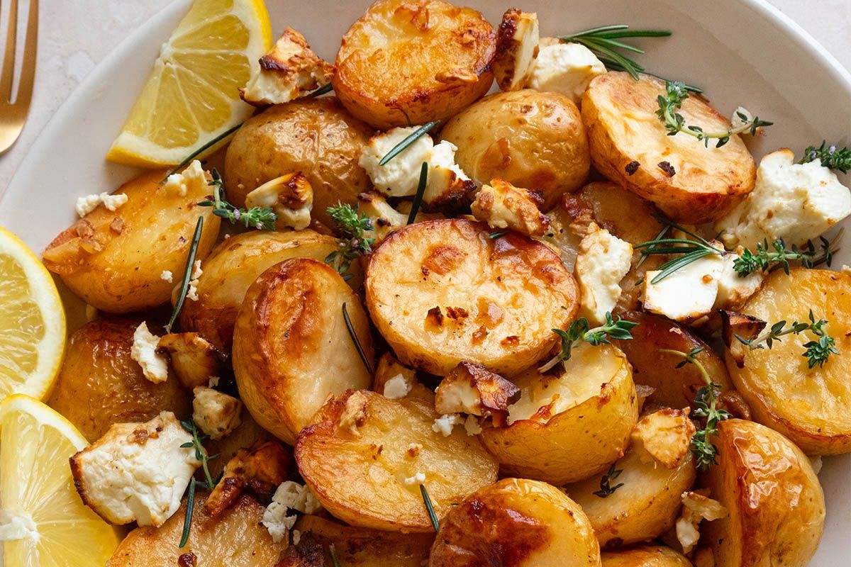 A plate of lemon feta roasted potatoes