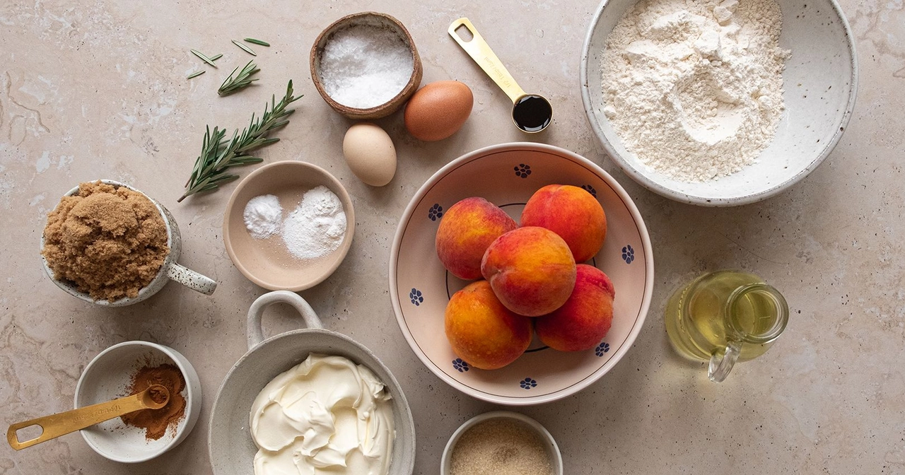 Ingredients to make peach, rosemary and olive oil muffins