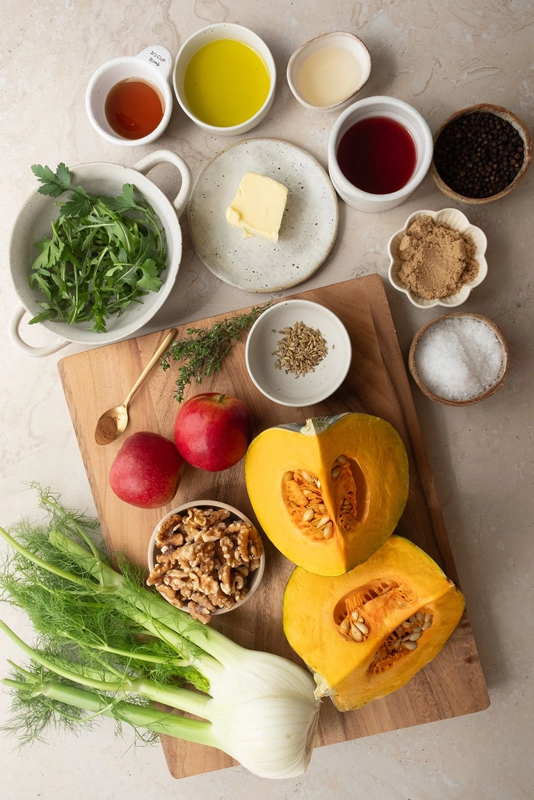 Ingredients to make Roast Pumpkin Apple and Fennel Salad with Agrodolce