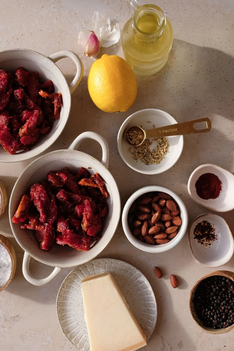 Ingredients to make sun-dried tomato pesto
